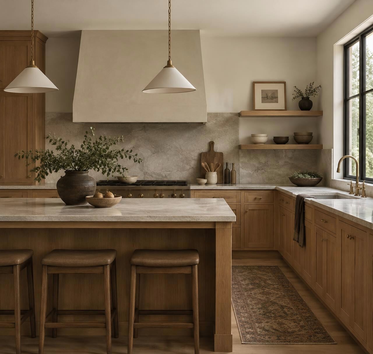 Oak cabinetry and stone counters in a warm kitchen renovation concept