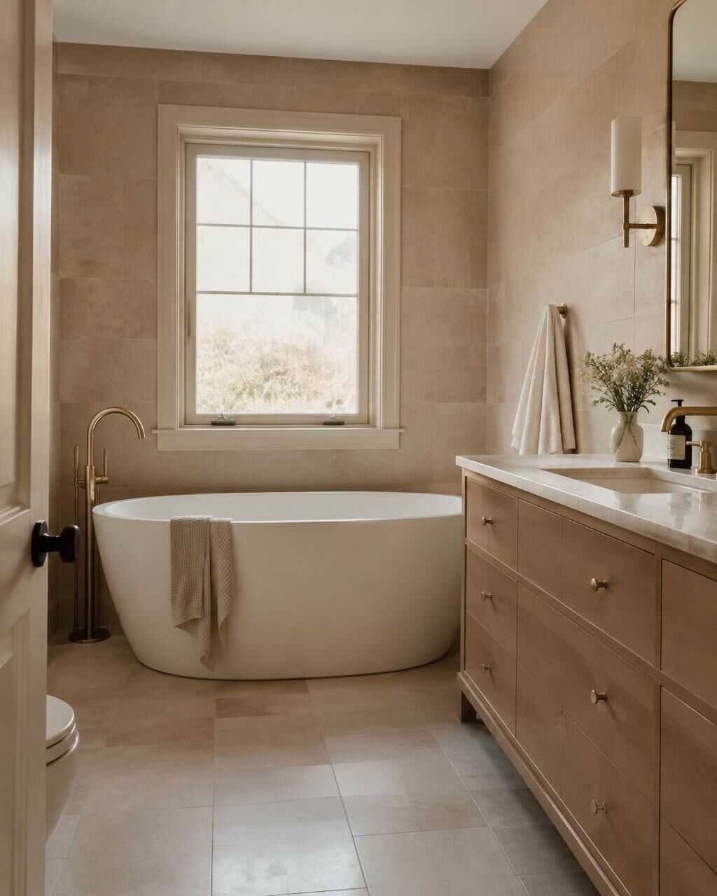 Bathroom concept with a freestanding tub beneath a window and an oak vanity