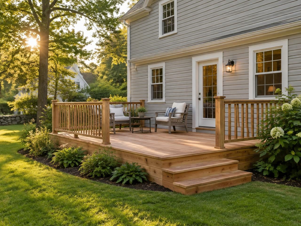 Wood deck concept with seating, simple railings and broad steps to a lawn