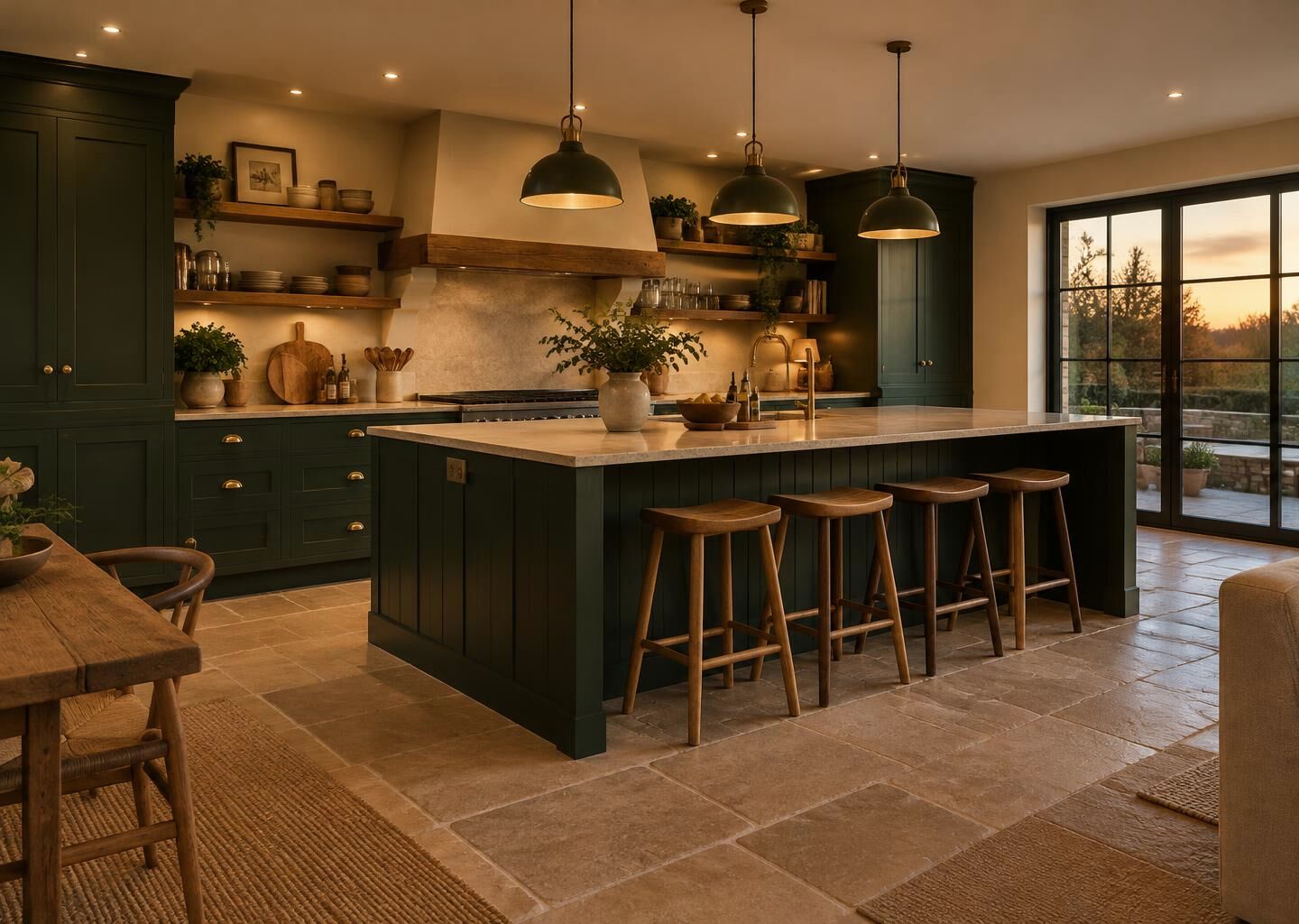 Green kitchen renovation concept with an island and stone flooring
