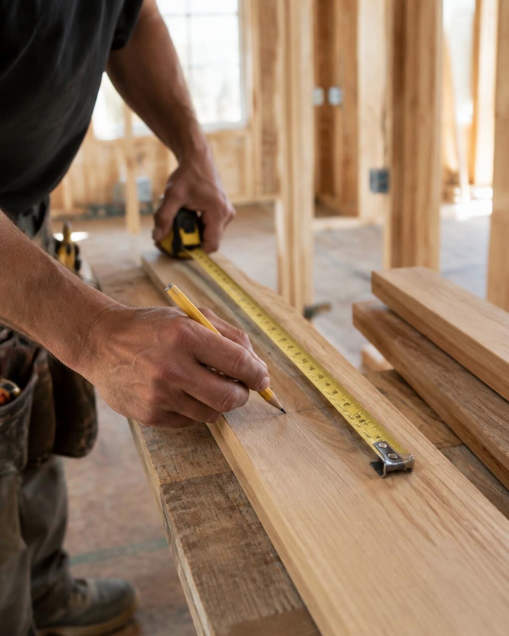 Carpenter measuring and marking a timber board